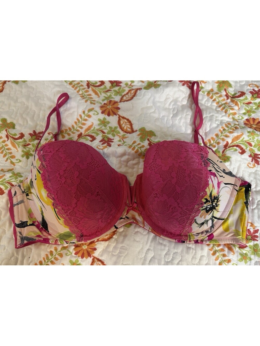 Cacique Pink Lace & Floral Lightly Lined Multi Way Strapless Bra Size 42D EUC.